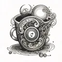 A programming code design with yin and yang elements and coffee cup accents tattoo design idea