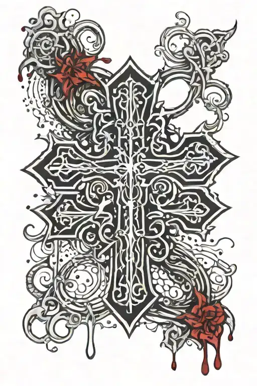 symmetrical cross in cybersiglism style with blood dripping out  tattoo design idea