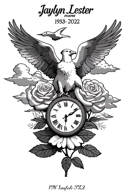 "Jaylyn Lester"  time clock, eagle, doves with clouds. A rose with the dates 1983-2022 tattoo design idea