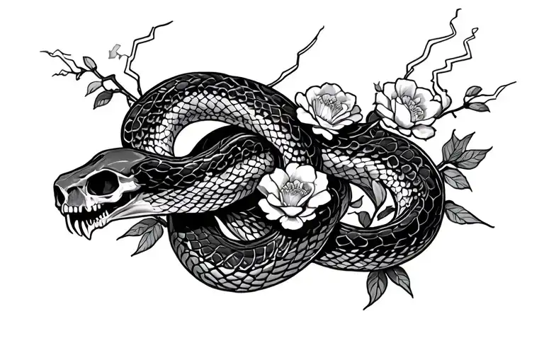 snake filled with flowers, skulls, fangs and lightning tattoo design idea