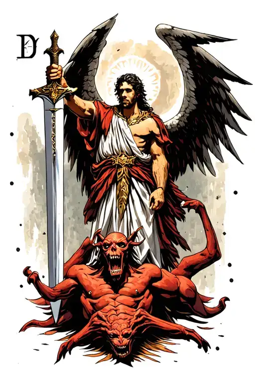 Archangel Michael holding a Sword In Enochian Language Script, Standing over defeated satan. tattoo design idea