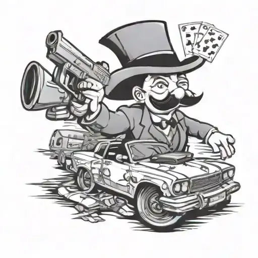 Monopoly man in a lowrider car with a gun an the go to jail board square  tattoo design idea