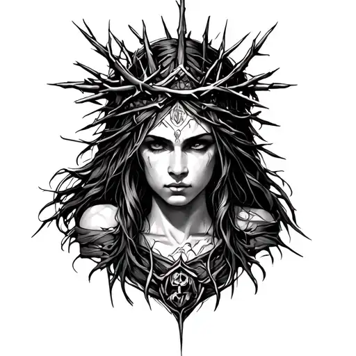 Tattoo of Goddess Freya with a crown of thorns after a battle and it is clear that she lives in the forest. tattoo design idea