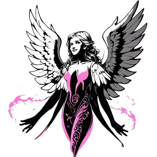 A humanoid angel that it's white wings with pink accent looking like she's happy wearing black on black  tattoo design idea