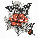 peony, poppy butterfly geometric patterns  tattoo design idea