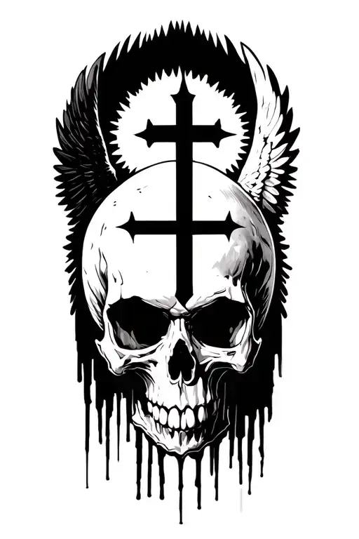 angel skull, devil skull, gritt, prison, cross, angel wings, rays, story, less black tattoo design idea