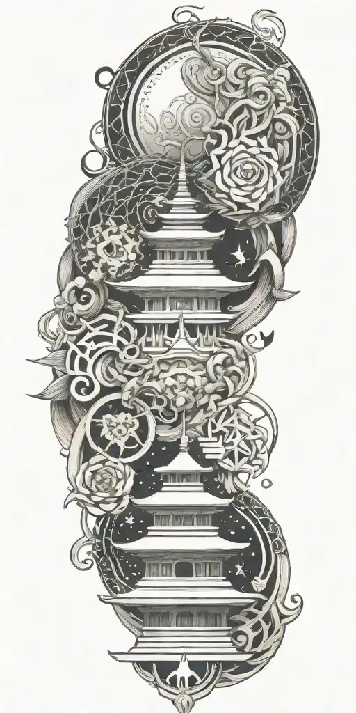 Blend Buddhist symbols, fine-line wood grain, anime elements, and subtle gaming symbols into a cohesive, flowing design tattoo design idea