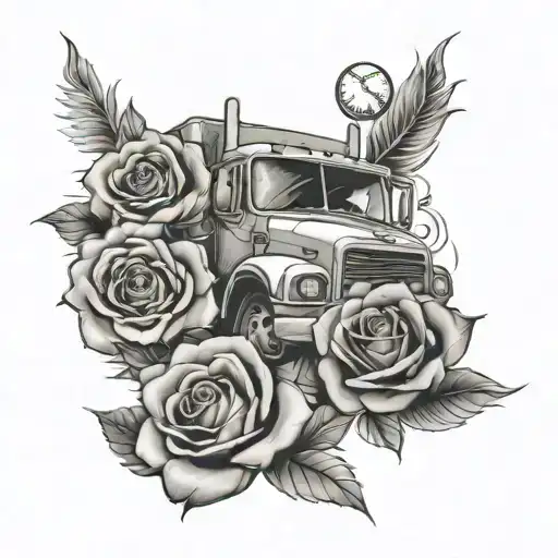 sleeve with roses number 19 and baseball with trucks tattoo design idea