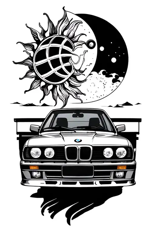 A bmw e30 with Sun at the top and moon at the buttom tattoo design idea