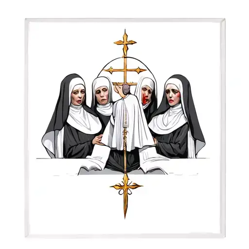 3 evil nuns with a priest controlling them  tattoo design idea