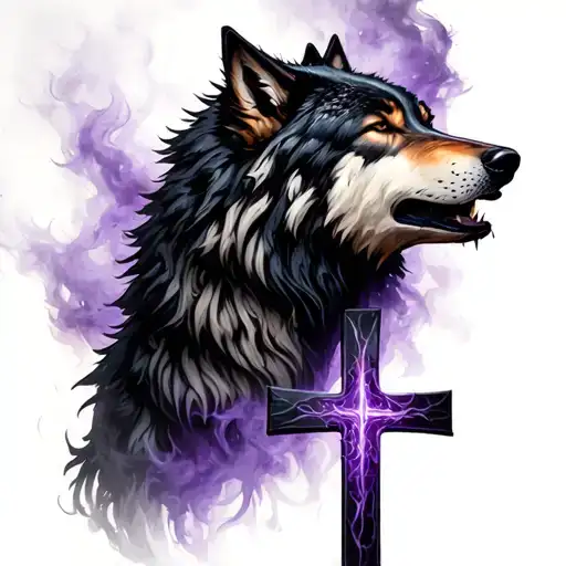 black-purple wolf howling and a cross showing in the mist of the howel  tattoo design idea