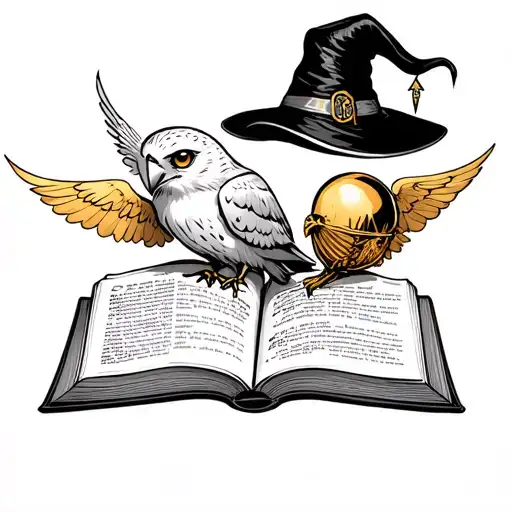 open book with Hedwig,  the Hogwarts sorting hat and golden snitch  tattoo design idea