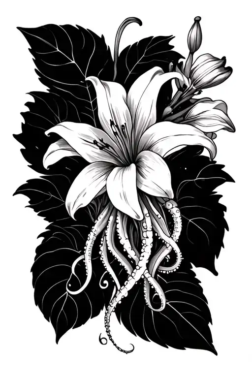 squid tattoo with lillies tattoo design idea