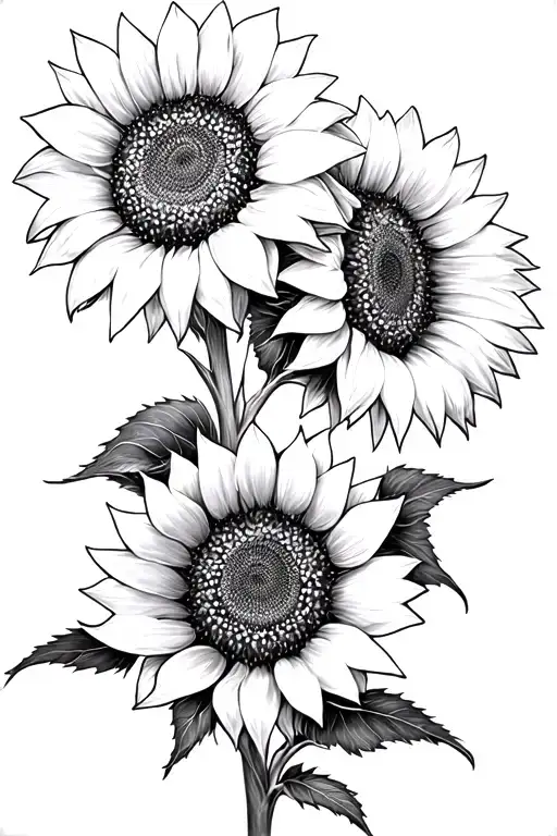 Black and white pencil sketch of two large sunflowers with detailed petals and realistic shading, surrounded by broad  tattoo design idea
