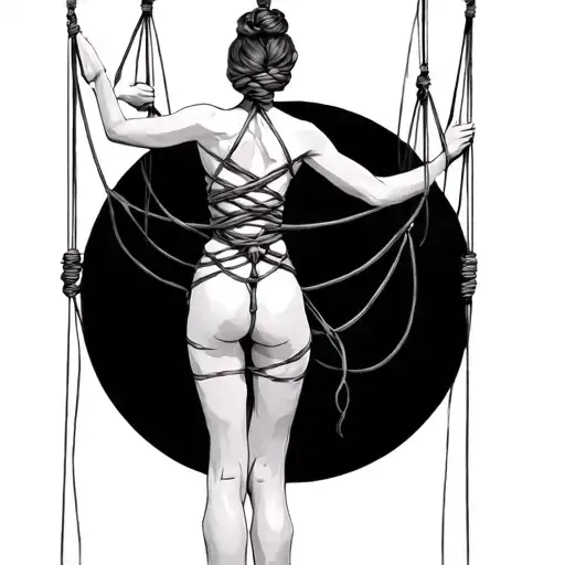 puppet master with strings woman in shibari with wrists bound above head knot intertwined back view tattoo design idea