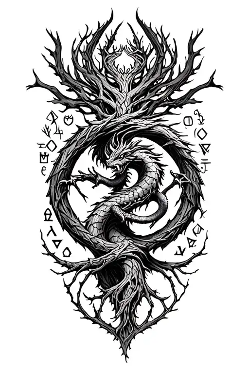 nordic tree of life with a nordic dragon wrapped around and runes surrounding it tattoo design idea