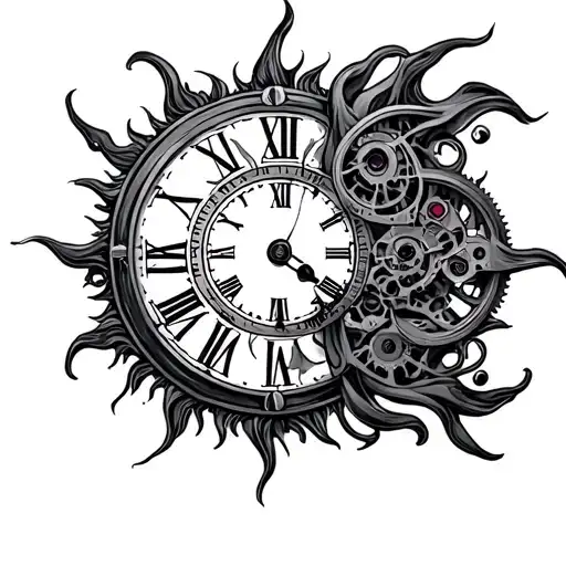 Sun and clock mechanism intertwined tattoo design idea