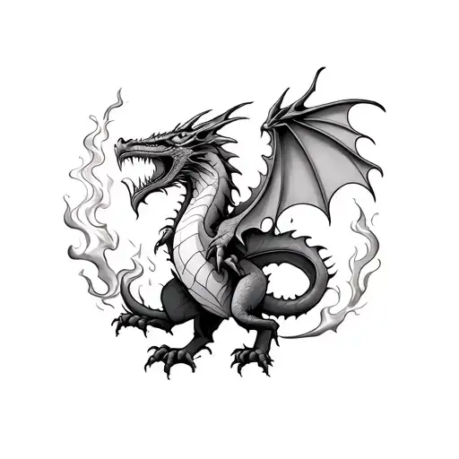 3D fire breathing Welsh Dragon tearing through human skin tattoo tattoo design idea