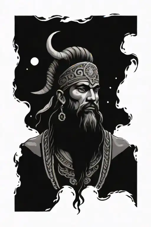 ancient greek shaman with night sky background facing forwards for leg tattoo tattoo design idea