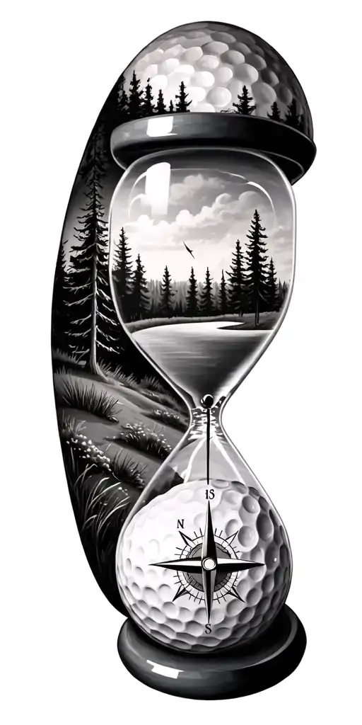 family and forest and hour glass and compass golf course golf ball tattoo design idea