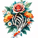 skeleton arm holding a rose surrounded by flowers with koi fish swimming around the hands tattoo design idea