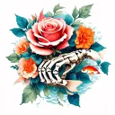 skeleton arm holding a rose surrounded by flowers with koi fish swimming around the hands tattoo design idea