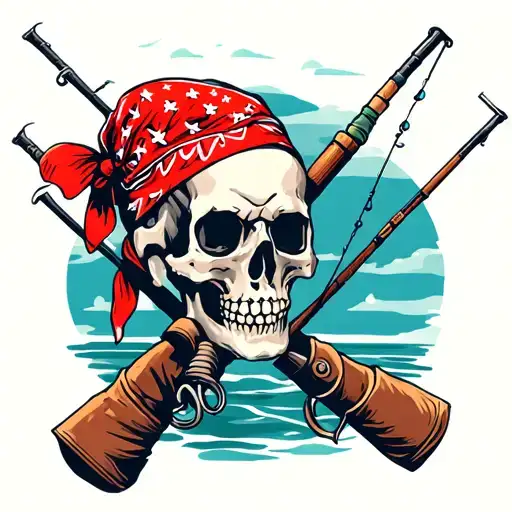 skull wearing red bandana with fishing poles crossed tattoo design idea
