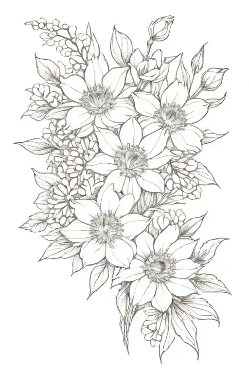 Flower bouquet including daffodils daisy Chrysanthemum violets asters tied together  tattoo design idea