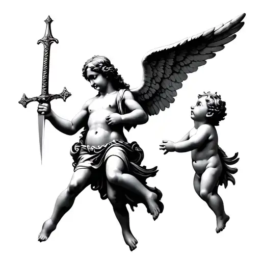 an angel holding itself up in a sword, shielding a small cherub tattoo design idea