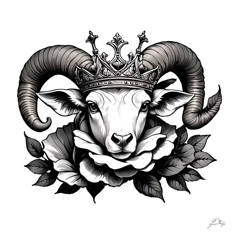 Cataleya rose intertwined with a Ram with a crown tattoo design idea