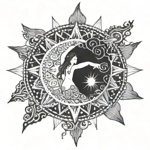 A woman's figure with her arms wide open holding a moon one hand and a sun on the other, inside a mandala tattoo design idea