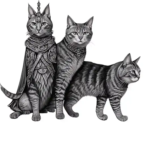 norse goddess Freya driven by two solid grey short haired cats, one being a male and one being a female who is smaller  tattoo design idea