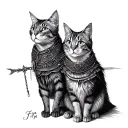 norse goddess Freya driven by two solid grey short haired cats, one being a male and one being a female who is smaller  tattoo design idea