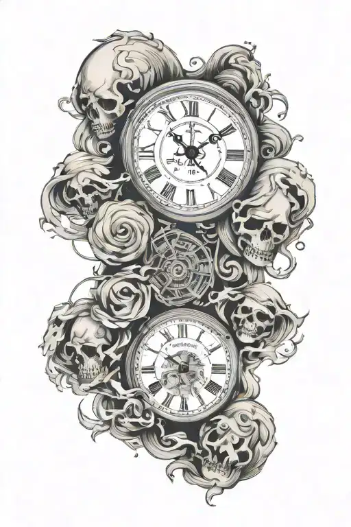 Sleeve connected with ghosts and time in graphic style tattoo design idea