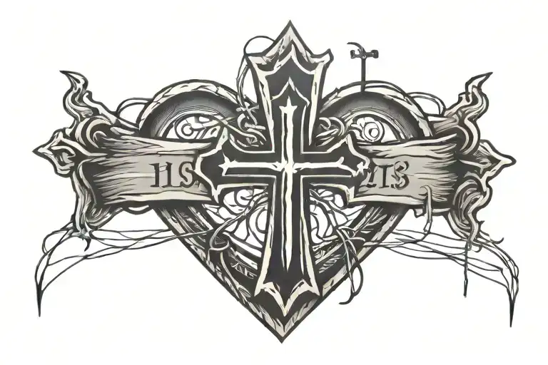 ECG line, rustic Christian cross, the text “11+2,” heart HBS forever sign tattoo design idea