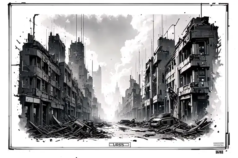 An ancient cyber-inspired cityscape, surrounded by ruins and the echoes of destruction. Perspective from the street. tattoo design idea