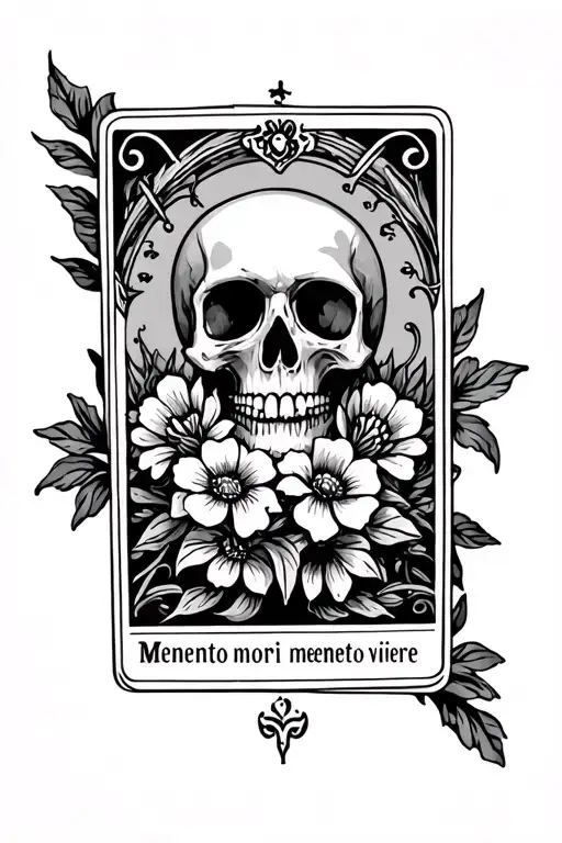 Black and grey Tattoo of tarot card with a skull and flowers and has saying memento mori memento vivere tattoo design idea
