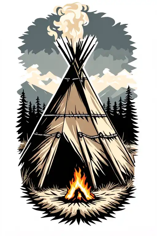 indian teepee, fire place inside, smoke coming from the top of the teepee, surrounded by wilderness tattoo design idea