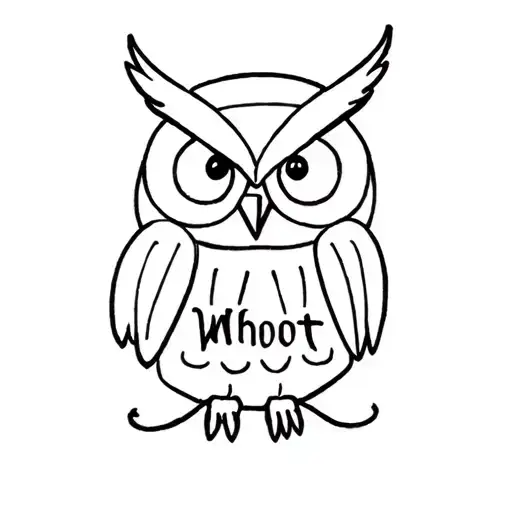 Fine line owl with the word “Whoot” tattoo design idea
