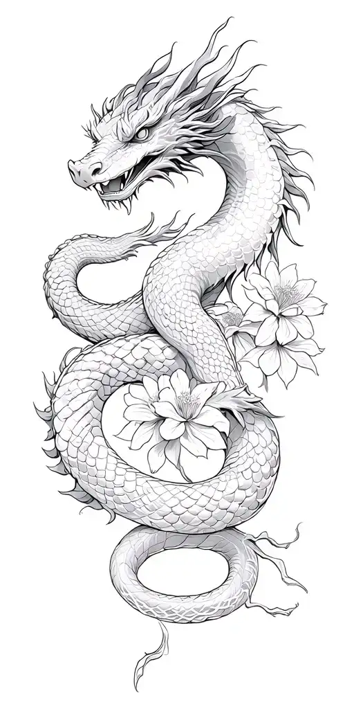 Chinese dragon and snake wrapped together with dead flowers tattoo design idea