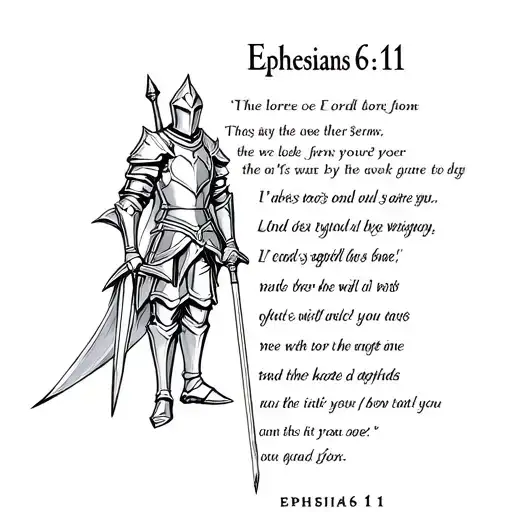 a knight with a sword Ephesians 6:11 with the verse written out n a picture of the lords armor under it on the forearm tattoo design idea
