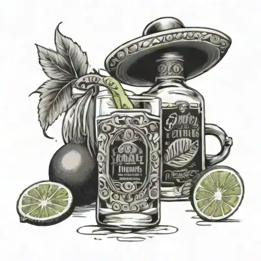 A black and grey tattoo of a tequila bottle and shot glass with a lime slice on top, showcasing the client's favorite things in a stylish and artistic way tattoo design idea