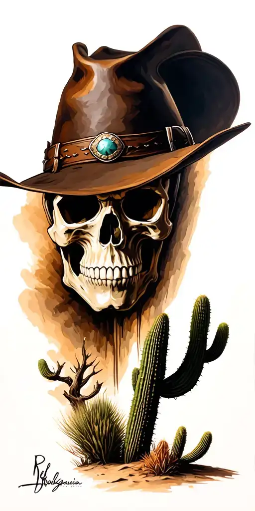 The painting depicts a portrait of a cowboy skull in a hat, with desert and cacti in the background tattoo design idea