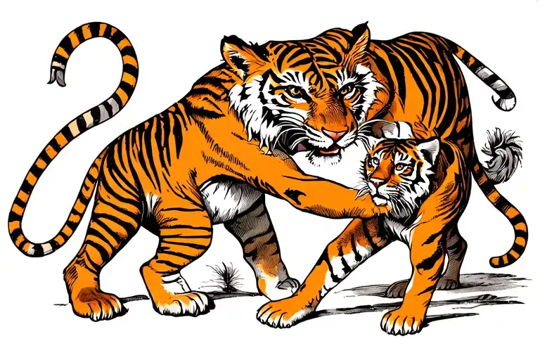 dad tiger protecting his young tiger cub from a fight tattoo design idea