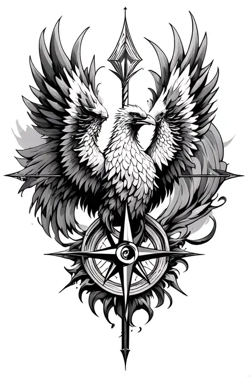 Phoenix, arrow, compass tattoo design idea