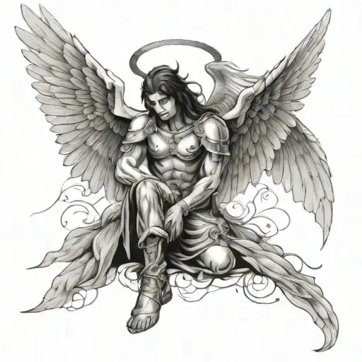 sitting warrior angel with head bowed and wings coming up tattoo design idea