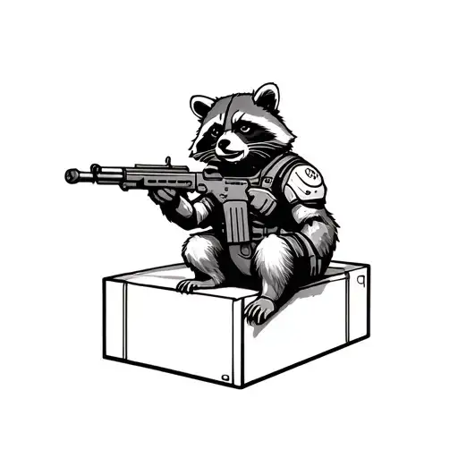 A raccoon in a helmet and body armor with a machine gun sits on a box with a cigar in his teeth tattoo design idea