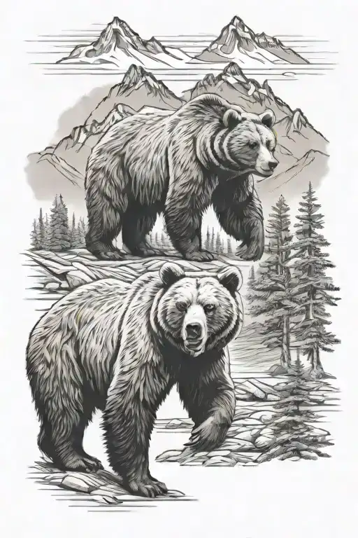 grizzly bear, mountains and trees  tattoo design idea