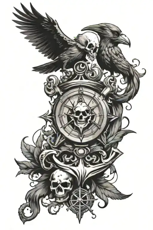 skull crows anchor compass  intertwined tattoo design idea