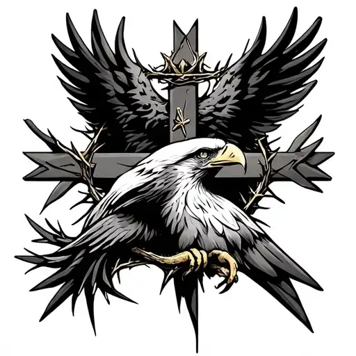 Christian cross with crown of thorns and eagle tattoo design idea